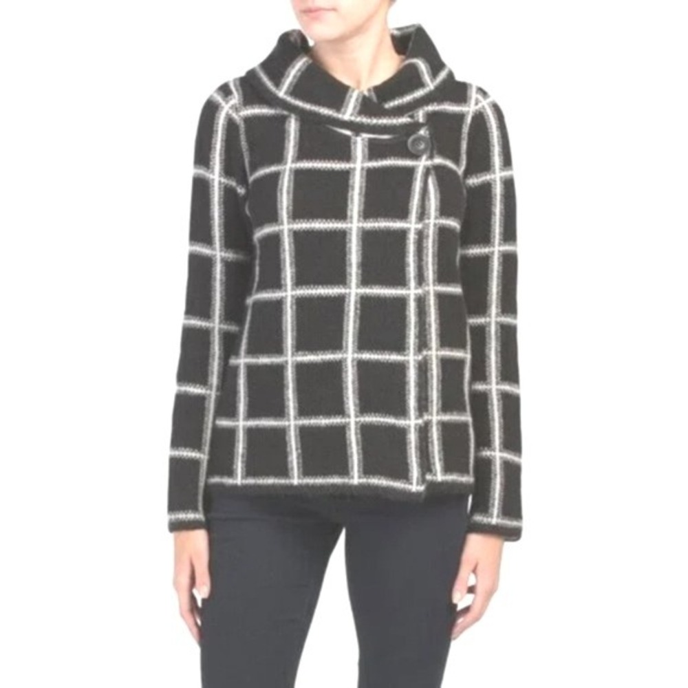 Ellen Tracy Womens Large Black White Grid Wool Blend‎ Cowl Neck Sweater Jacket